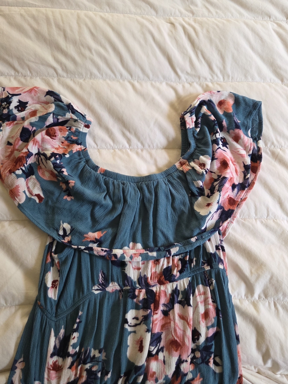 Haute Monde Teal Off The Shoulder Floral Summer Dress with Pink & White Blooms - Picture 4 of 8